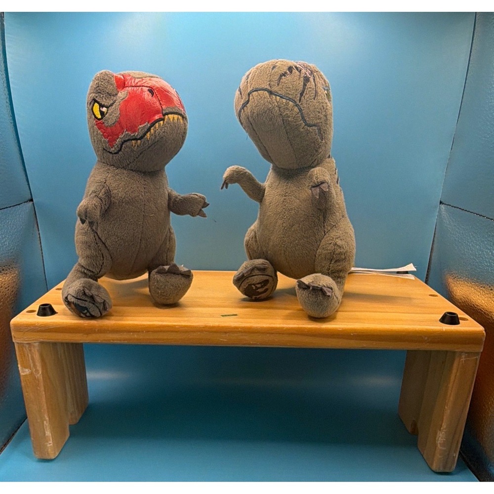 Jurassic World T-Rex Plush Stuffed Dinosaur Lot of 2 Washable Gray/Red/Black